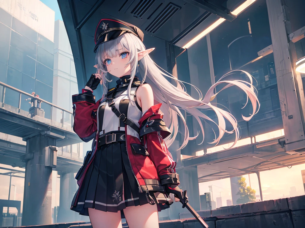 1girl:1.4, masterpiece, best quality, 8k, (highly detailed 3D rendering of a character named Ulc from SEGA's PSO2), elf-like female with pointed ears, (small gray woman's Garrison cap), (long straight dark red hair), (gray futuristic military-style uniform, including a fitted jacket with intricate white designs, shoulder epaulets, and a skirt), (annoyed, stupefied), (one hand near her ear as if she is communicating through a device), looking away, sunshine, (shiny skin)