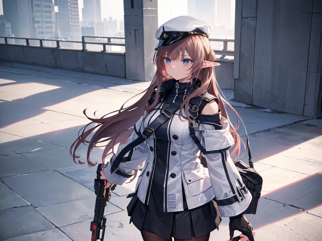 1girl:1.4, masterpiece, best quality, 8k, (highly detailed 3D rendering of a character named Ulc from SEGA's PSO2), elf-like female with pointed ears, (small gray woman's Garrison cap), (long straight dark red hair), (gray futuristic military-style uniform, including a fitted jacket with intricate white designs, shoulder epaulets, and a skirt), (annoyed, stupefied), (one hand near her ear as if she is communicating through a device), looking away, sunshine, (shiny skin)