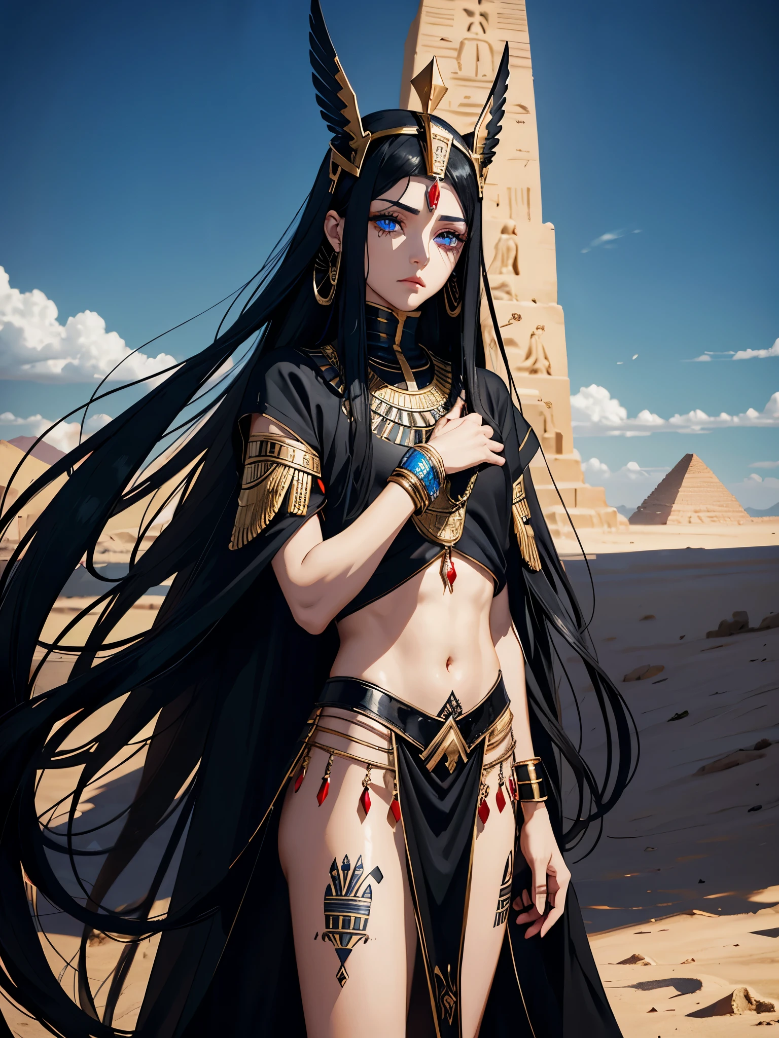 Egyptian deity Seth. long black hair, black and white clothes, red clothes. silver jewelry. light skin. Desert. Thron. Line Tattoos, Egyptian. blue eyes. Rotes Make Up. Femininer Mann
