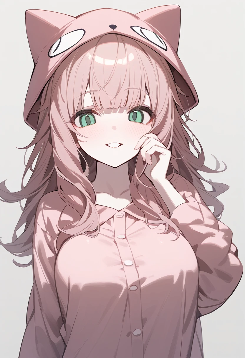 1 girl, alone, adolescent, pink fur, broad, messy hair, corrugated shelter, long bangs, pale skin, green eyes, big breasts, large eyes, big open smile, stoic, standing, (long pajamas with cat hat), (Gray background, simple background), Upper part of the body, Masterpiece, Best Quality, dynamic angle, hand on his face, Big eyebrows