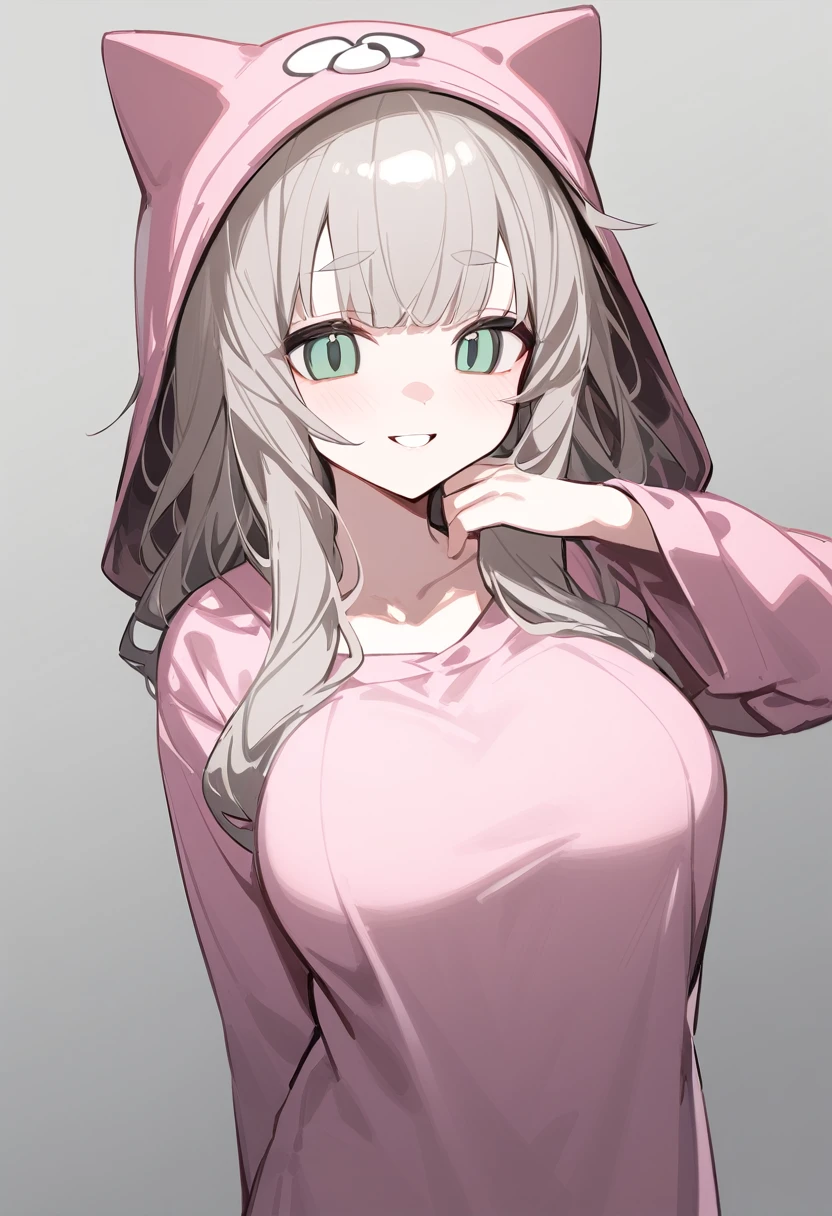 1 girl, alone, adolescent, pink fur, broad, messy hair, corrugated shelter, long bangs, pale skin, green eyes, big breasts, large eyes, big open smile, stoic, standing, (long pajamas with cat hat), (Gray background, simple background), Upper part of the body, Masterpiece, Best Quality, dynamic angle, hand on his face, Big eyebrows