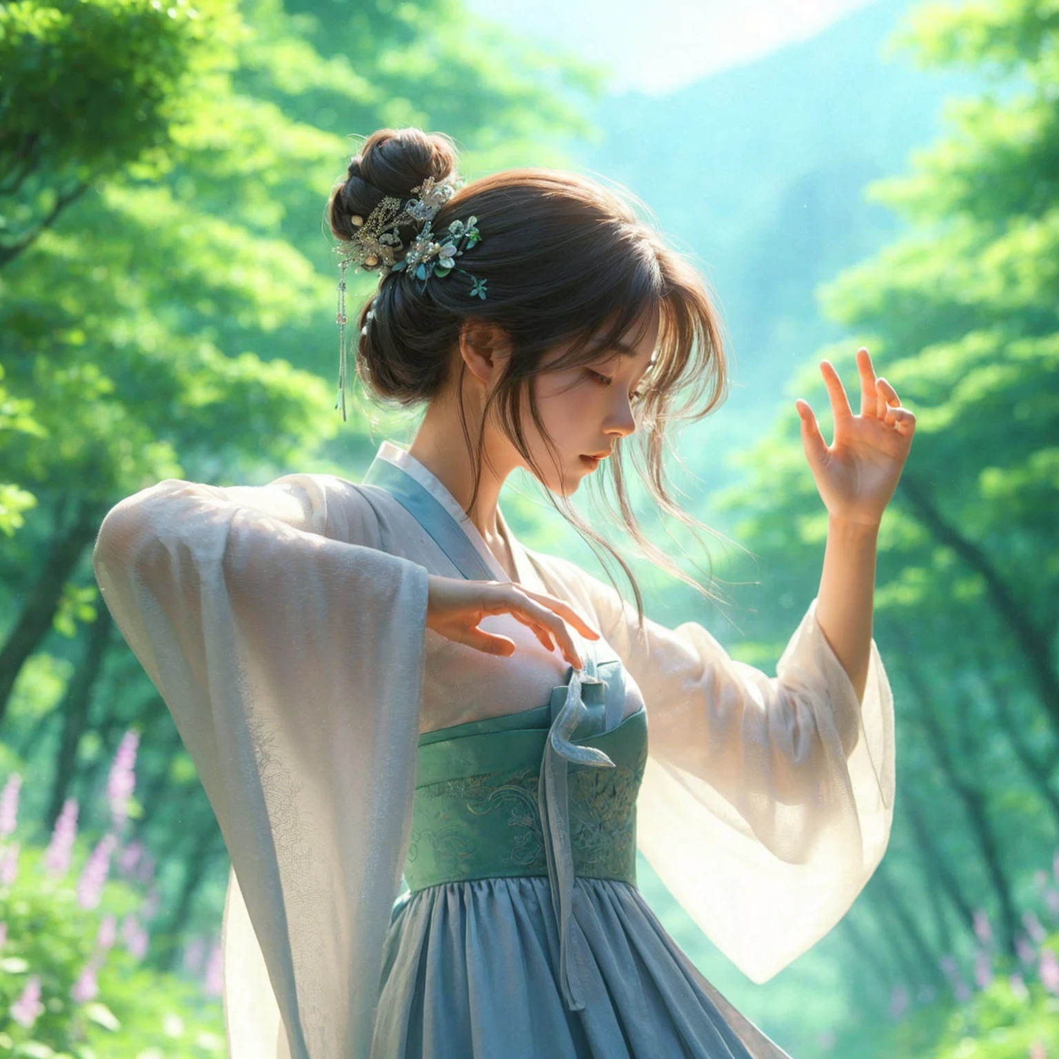 Generate a high-resolution 61k 3D image in a fairytale style, medium shot of a korean young woman as she finishes her dance, her arms slowly lowering to her sides. She takes a deep breath and calms herself, her gaze sweeping across the enchanting green landscape.