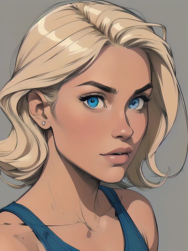 
Flat colors,close-up, portrait,  of a 25 year old surfer looking girl, tan skin, ([blue eyes]) Beach blonde salty hair, natural beaty, beautiful, casual, blue tank top, masterpiece, (([Simple grey background]))
