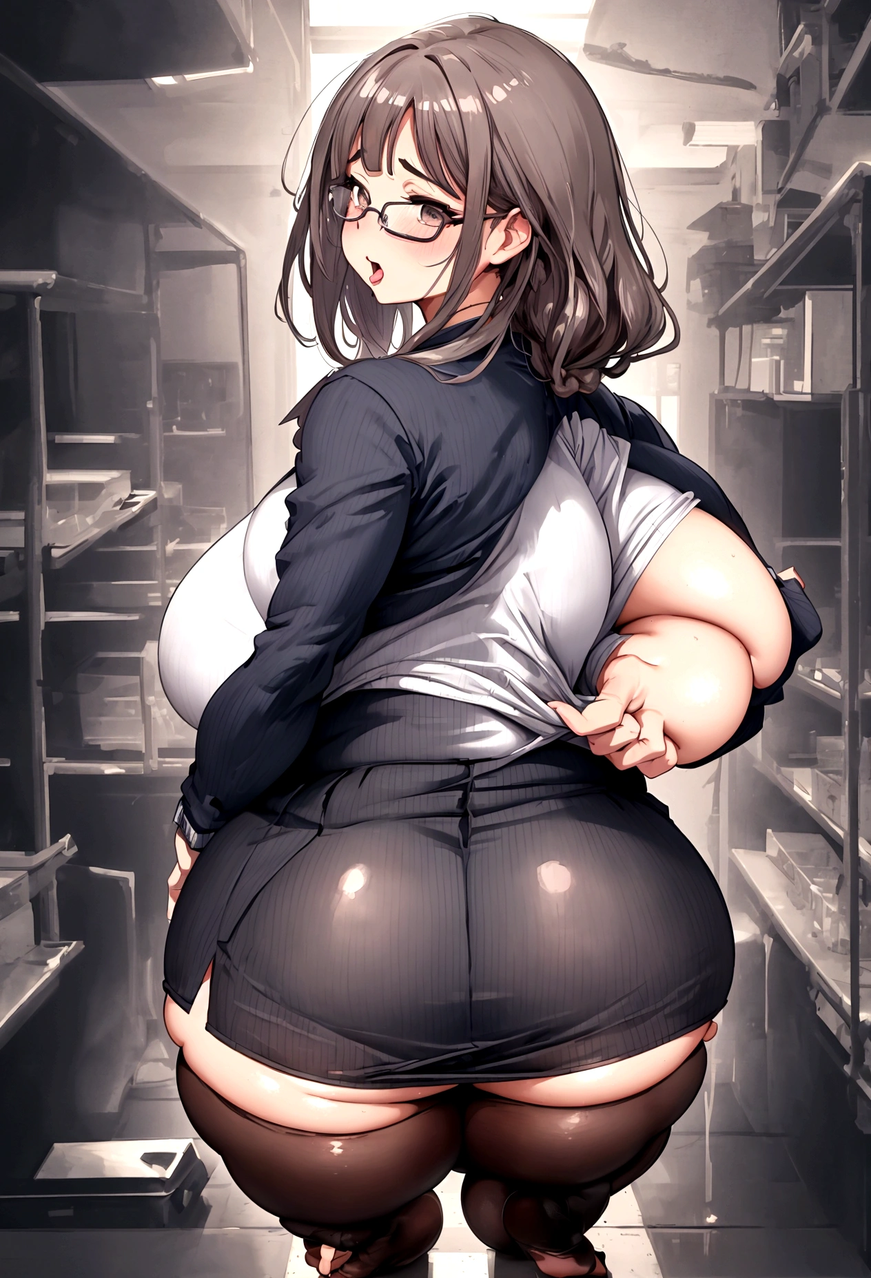 Anime-style image of a woman wearing a short skirt and glasses, hyperRealistic , a hyperRealistic , chic, Realistic , , Gwaiz, artwork in the style of Gwaiz, (NSFW), [ 4k digital art ]!!, Short full body portrait!,(masterpiece), (One serious civil service commissioner: 1.3), (Super thick and plump body: 1.3), (Huge breasts and buttocks)), (Small Head: 1.2), (Very small uniform)), (Shiny skin: 1.2), (A speech while crouching in the stands in the schoolyard in the morning)), {fat},1boy, penis, doggystyle, from behind, spreadassms, chubby body, fat body, short,ultra detailed, masterpiece, best quality, blush, a woman, rolling eyes, open mouth, school girl, wearing , wearing glasses, classroom, sunset, light particles, hdr, brown grey hair, midium wavy hair, shiny hair, bang, single braid, clear grey eyes, Smiling Kiss, Tongue Out, アニメ ,orgasm face, sexual climax, bitch, back shot, back view, low angle, from below, back view, arched back, looking back, all fours, chubby body, BIG ASS , saliva, BBW, slender waist, anal, seiza, hands on head,white eyes, Hand Drawn, Showing Ass, Bobcut, Knee socks, (Super thick and plump body: 1.3), Butt sticking out, Close your legs, seiza, spread legs, pleated skirt, Stretch your arms back, long pleated skirt, I can&#39;t see your butt, Buttocks hide, Arms folded behind back, Super big butt, Awesome numbness , Plump , Chubby, Butt sticking out,