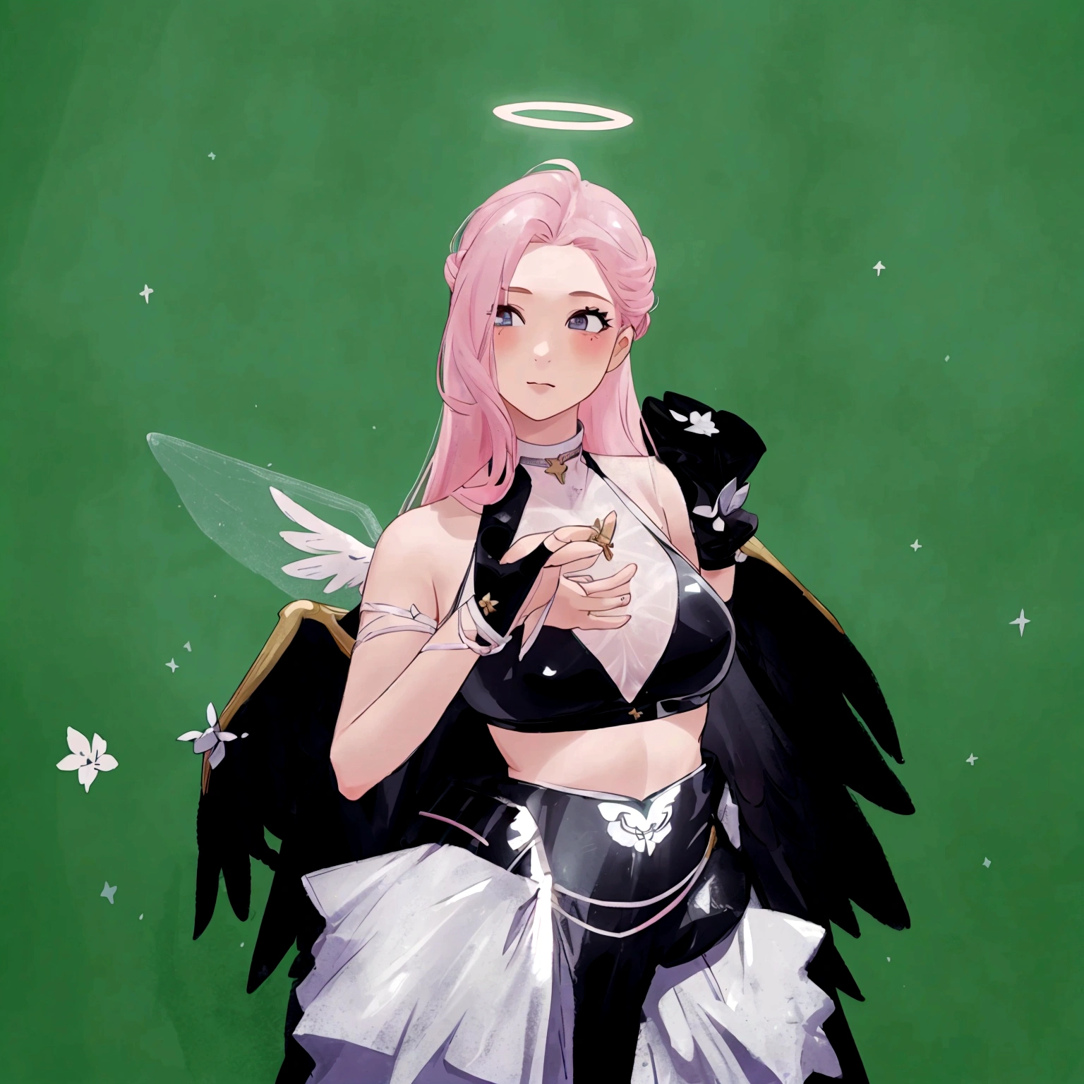 there is a woman with pink hair and angel wings posing, wearing angel halo, young wan angel, full - body majestic angel, wearing angel, villainess has black angel wings, angelic halo, angel halo, angel knight girl, as a mystical valkyrie, of an beautiful angel girl, kda, epic angel wings, npc with a saint's halo, angel knight gothic girl