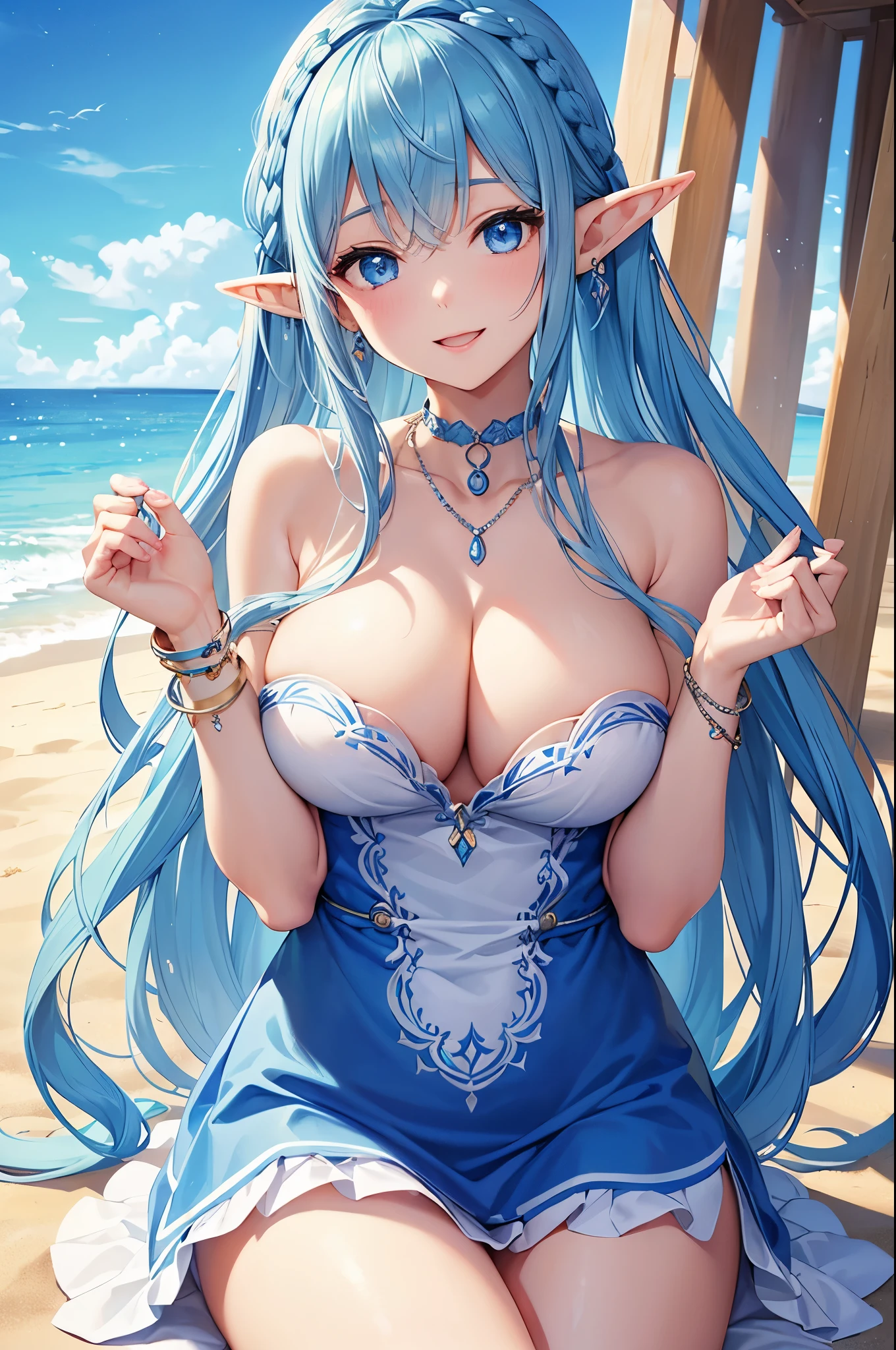 Highest quality、Highest quality、masterpiece、(8K resolution),beauty(Age 25)、(Mature Appearance)、Light blue long hair(Braiding of sides)、blue eyes、((Naked))、(Elf)、Big cleavage、((Big Breasts))、smile、blue necklace、Blue Earrings、background(Beach)、Please open your mouth wide、bracelet、Dynamic pose、Blue choker