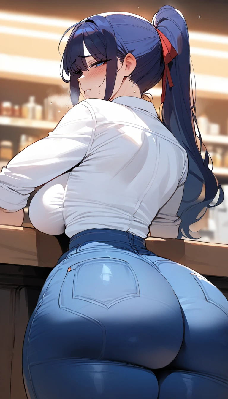 masutepiece, Best Quality, Highly detailed, 1girl in, Solo, Anjou, Brown vest, Blue skirt, Long skirt, Behind the counter of an old inn, bend over the counter, Ass POV, Blushing, embarrassed , Leaning against the counter , Skin Tight,  grab , One purple-haired boy stands next to her out of the frame.,  ,  Groping, ass forcus ,deep skin,  ass grab, grabbing another's ass