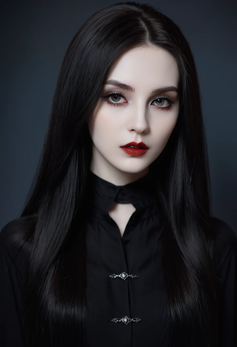 (high quality: 1.3), Lenses, masterpiece, (Clear focus: 1.5), (Reality: 1.3), Medium Portrait (A young beautiful vampire woman, Pale skin, Gothic, Still proud and fierce, Black Straight long Bob Hairstyle, Dark, Wearing a very fine dark tunic, Dark atmosphere, Instead, it uses sharp contrasts of light and dark to create shapes.), It's night, (Very delicate skin), (Delicate face), Detailed background, Dim Lights, Dusk lighting, Volumetric Lighting, Intricate details, Ultra HD,