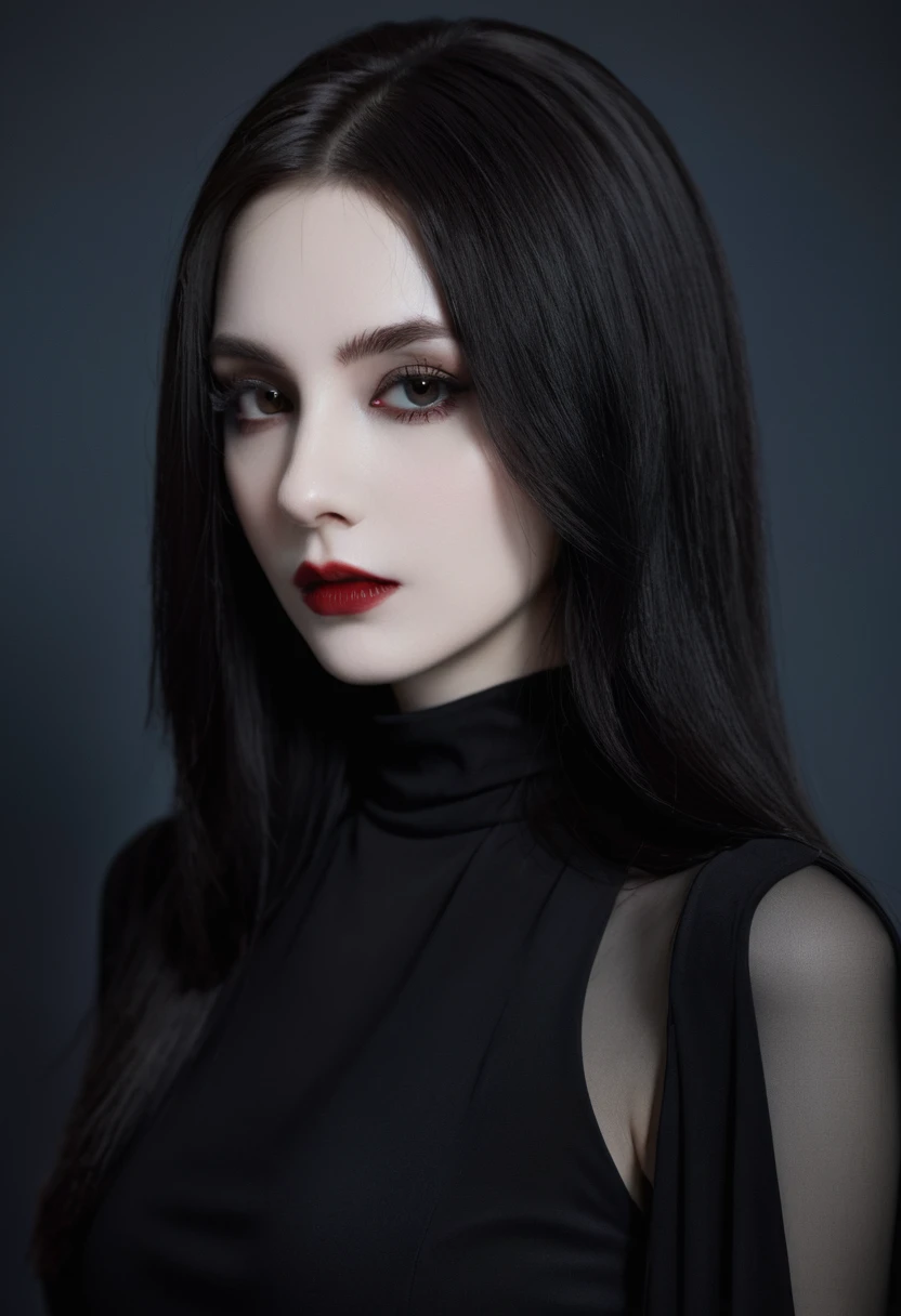 (high quality: 1.3), Lenses, masterpiece, (Clear focus: 1.5), (Reality: 1.3), Medium Portrait (A young beautiful vampire woman, Pale skin, Gothic, Still proud and fierce, Black Straight long Bob Hairstyle, Dark, Wearing a very fine dark tunic, Dark atmosphere, Instead, it uses sharp contrasts of light and dark to create shapes.), It's night, (Very delicate skin), (Delicate face), Detailed background, Dim Lights, Dusk lighting, Volumetric Lighting, Intricate details, Ultra HD,