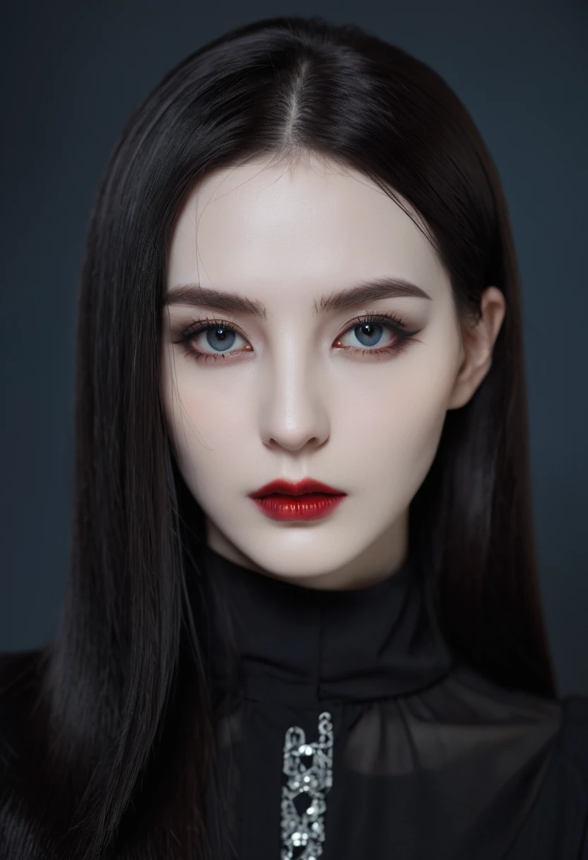 (high quality: 1.3), Lenses, masterpiece, (Clear focus: 1.5), (Reality: 1.3), Medium Portrait (A young beautiful vampire woman, Pale skin, Gothic, Still proud and fierce, Black Straight long Bob Hairstyle, Dark, Wearing a very fine dark tunic, Dark atmosphere, Instead, it uses sharp contrasts of light and dark to create shapes.), It&#39;s night, (Very delicate skin), (Delicate face),  Detailed background, Dim Lights, Dusk lighting, Volumetric Lighting, Intricate details, Ultra HD,