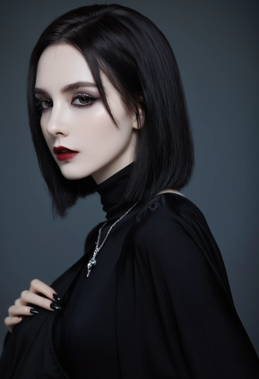 (high quality: 1.3), Lenses, masterpiece, (Clear focus: 1.5), (Reality: 1.3), Medium Portrait (A young beautiful vampire woman, Pale skin, Gothic, Still proud and fierce, Black Straight long Bob Hairstyle, Dark, Wearing a very fine dark tunic, Dark atmosphere, Instead, it uses sharp contrasts of light and dark to create shapes.), It&#39;s night, (Very delicate skin), (Delicate face),  Detailed background, Dim Lights, Dusk lighting, Volumetric Lighting, Intricate details, Ultra HD,