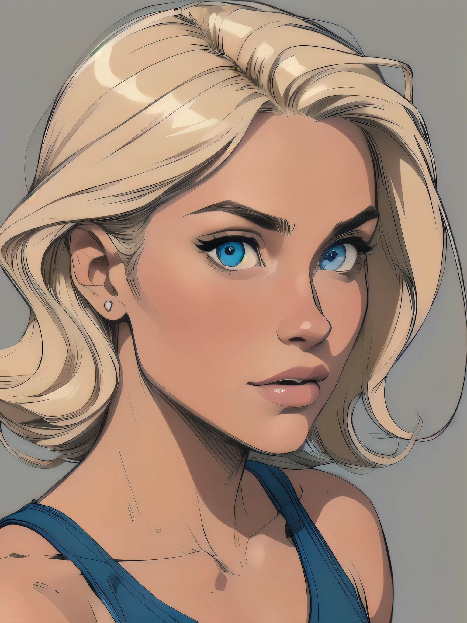 
Flat colors,close-up, portrait,  of a 25 year old surfer looking girl, tan skin, ([blue eyes]) Beach blonde salty hair, natural beaty, beautiful, casual, blue tank top, masterpiece, (([Simple grey background]))
