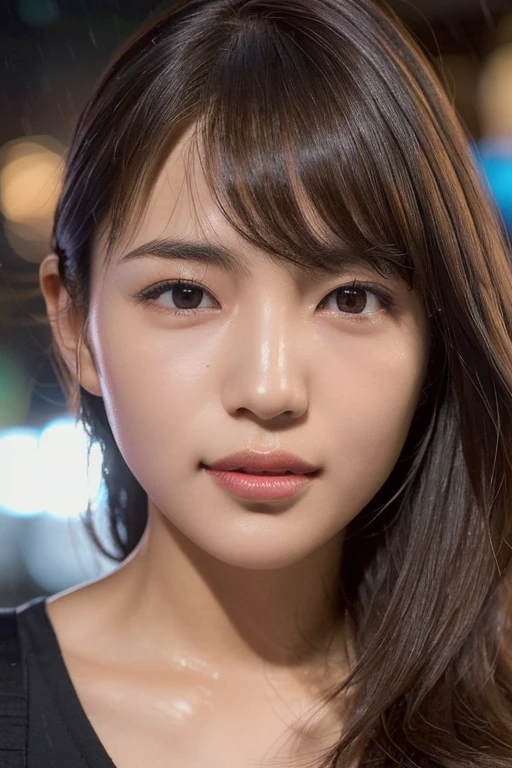 Random Pause, Mix 4, (8K, Original photo, Highest quality, masterpiece: 1.45), (Actual, Vibrant: 1.37), Skinny Japanese woman, One girl, charm, City view, night, rain, Wet, Professional Lighting, Photon Mapping, Radio City, Physically Based Rendering, Gradient black hair, Short Curly Hair, good looking, girl, T-Shirts, High resolution, 1080P, (Beautiful Face), (Detailed facial depiction), (Detailed description of the hand), (Detailed CG), Extreme light and shadow, Messy Hair, Lots of details, (exquisite features), (Highest quality photos), (Beautiful Eyes), Look in front of you, Thin clavicle,