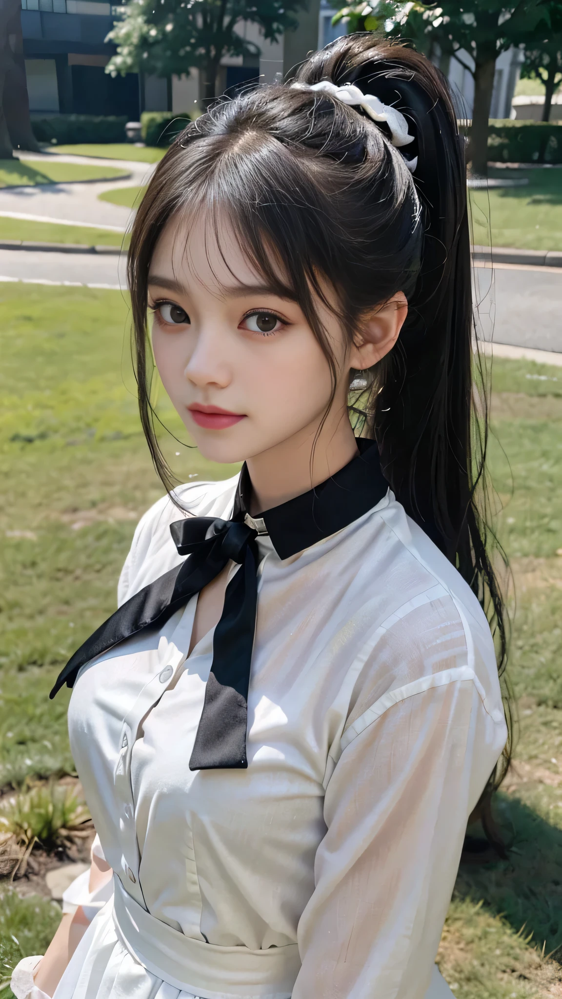collared dress,european city park,On the lawn,One woman,masutepiece, The highest image quality, High quality, the background is clear,Beautiful woman, Japanese,Ultra-detailed, finely detail, hight resolution, 8K Wallpaper, Perfect dynamic composition, Beautiful detailed eyes , Detailed, Detailed eyes, Detailed skin, Beautiful skin, 超hight resolution, (reality: 1.4),Very beautiful woman, Slightly younger face, Beautiful skin, slender, (Ultra photo realsisim), (hight resolution), (8K), (Very detailed) (beautifully detailed eyes), (super detailed), (Detailed face), view the viewer, Fine details, Detailed face, Staring straight ahead, Staring straight ahead, photos realistic, Bright lighting, Professional Lighting, Black hair,poneyTail,a baby face,sixteen years old,Hairstyle: ponytail,Long ponytail hairstyle,slight smile,neat and tidy clothing,Beautiful Japanese KPOP idol photo, hair style is ponytail, my eyes are double and wide, baby face, smile and look straight ahead, slender, small breasts,Close up face,