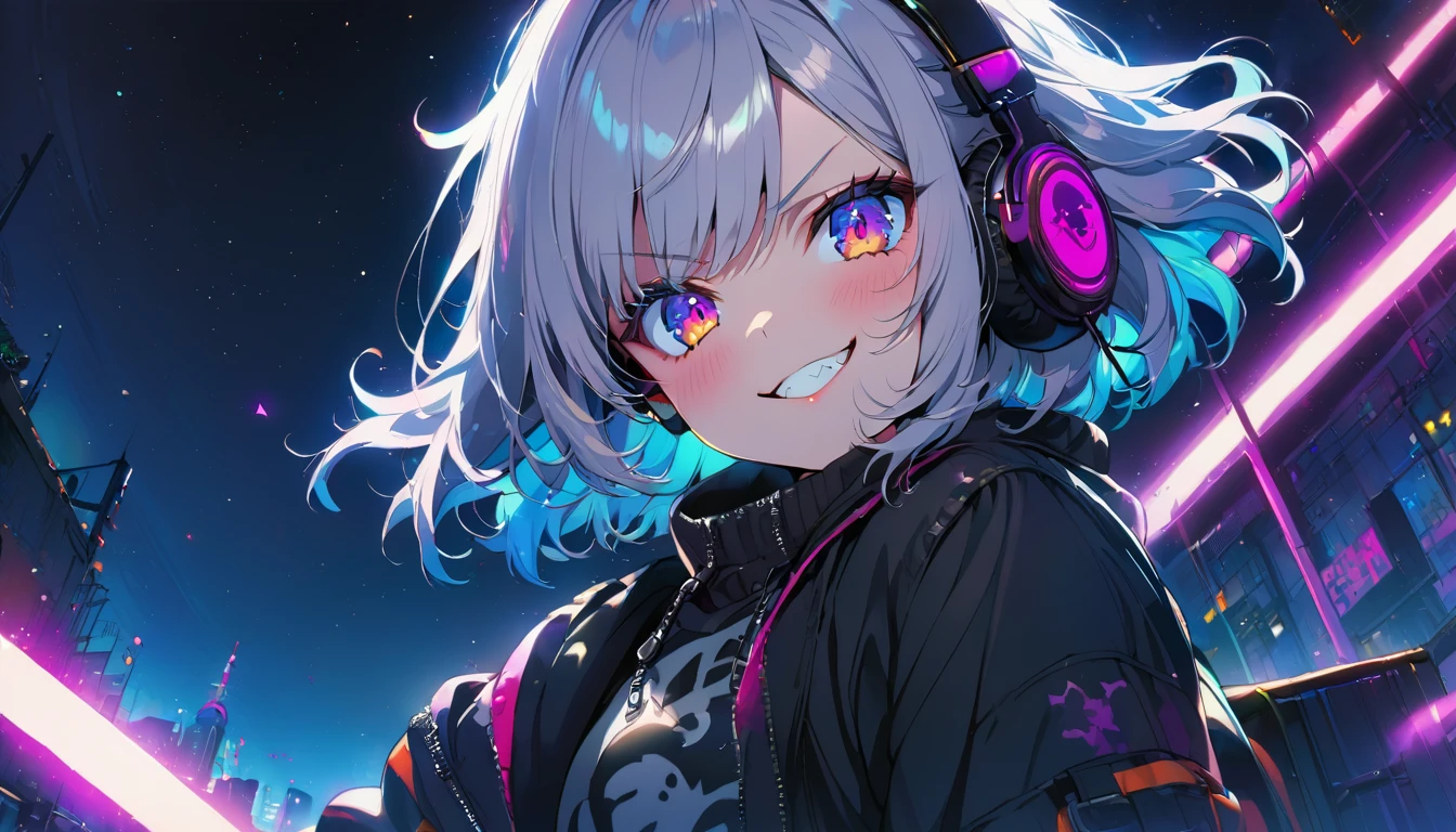 ((Masterpiece)), ((best quality)), (Anime:1.3), (super detail:1.2), (High Definition:1.3), (Professional Photography:1.3), cute young Girl, Glossy unruly hair, (loose swept bangs), (silver ash hair), medium hair, big eyes, (Eye bags:1.3), (Long eyelashes), colorful eyes, (evil smile and blush), Glossy lips, (jagged teeth), ((Army style)), hold on gun, barearms, cute, neon lit, starry night, (full body:1.2), (colorful:1.3), gothic makeup, wearing headphones, dutch angle, (from side),