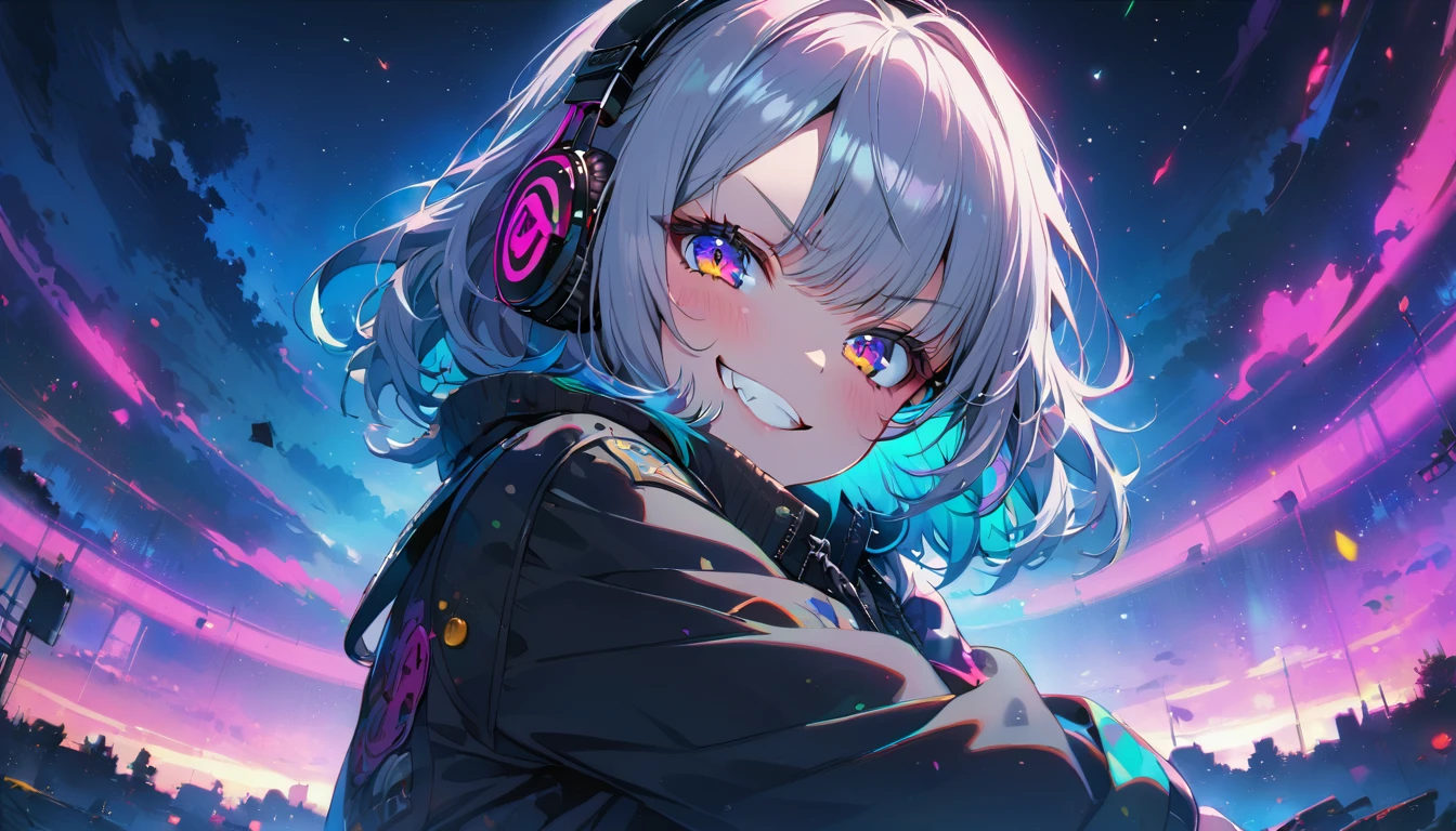 ((Masterpiece)), ((best quality)), (Anime:1.3), (super detail:1.2), (High Definition:1.3), (Professional Photography:1.3), cute young Girl, Glossy unruly hair, (loose swept bangs), (silver ash hair), medium hair, big eyes, (Eye bags:1.3), (Long eyelashes), colorful eyes, (evil smile and blush), Glossy lips, (jagged teeth), ((Army style)), hold on gun, barearms, cute, neon lit, starry night, (full body:1.2), (colorful:1.3), gothic makeup, wearing headphones, dutch angle, (from side),