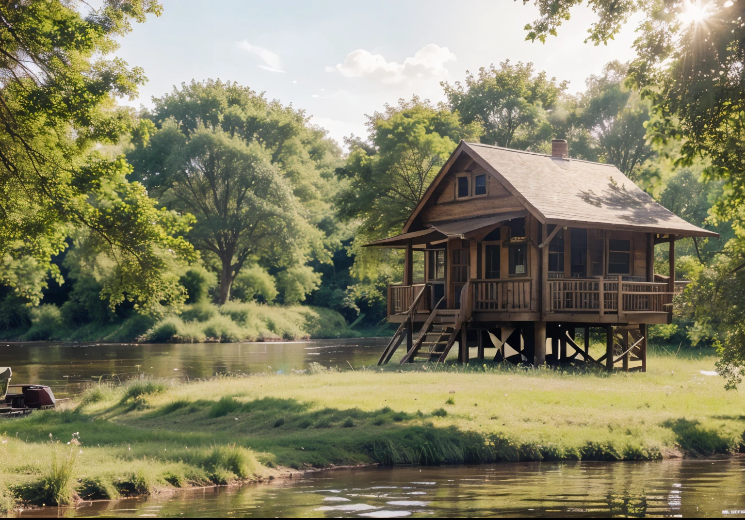 Tree house on the river bank with sun rays, pie on the water