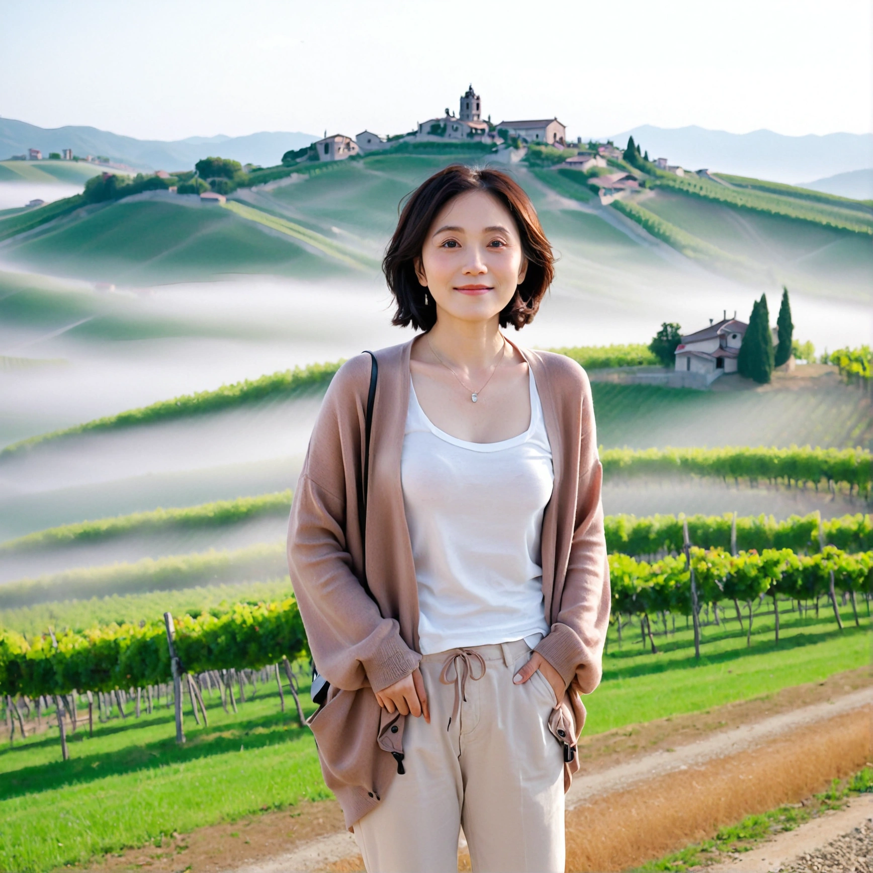 8k best picture quality, Beautiful 36-year-old Korean woman, You have good skin and big and pretty eyes... Chest size 34 inches, italian countryside, past the vineyard, The cathedral can be seen in the distance in the thick fog..., The background is realistic and vivid quality.., Short and medium hair blowing in the wind, I neatly wore a short cardigan over a knit that went up to my neck... white casual pants, smile. the background is clear, Short and slim Korean woman, stand far away, Photo taken with a wide-angle lens, A woman with big and pretty eyes, eyes are round and big, Taken while standing on a hill overlooking a vineyard, The red light before the morning sun rises is soft..