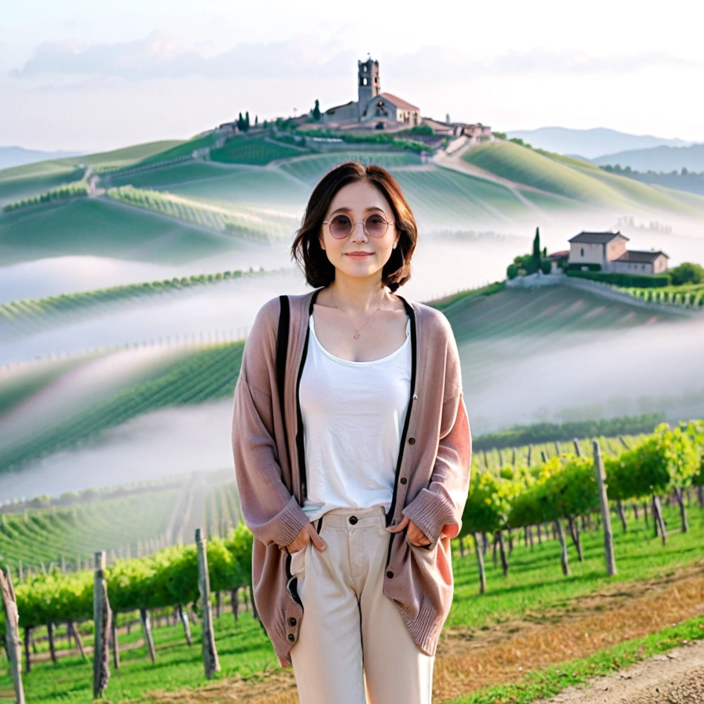 8k best picture quality, Beautiful 36-year-old Korean woman, You have good skin and big and pretty eyes... Chest size 34 inches, italian countryside, past the vineyard, The cathedral can be seen in the distance in the thick fog..., The background is realistic and vivid quality.., Short and medium hair blowing in the wind, I neatly wore a short cardigan over a knit that went up to my neck... white casual pants, smile. the background is clear, Short and slim Korean woman, stand far away, Photo taken with a wide-angle lens, A woman with big and pretty eyes, eyes are round and big, Taken while standing on a hill overlooking a vineyard, The red light before the morning sun rises is soft..