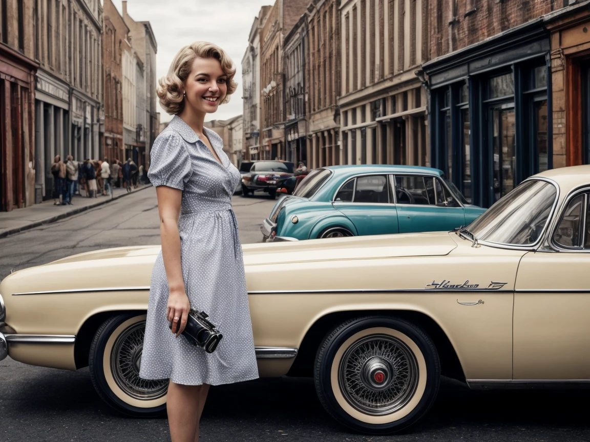 best quality, masterpiece, highly detailed, realistic, full body, vintage-inspired woman, wearing a polka dot dress, standing in a retro city street, holding a classic camera, confident smile, retro hairstyle, nostalgic atmosphere, vintage cars in the background, (mid-shot), (retro style), (by renowned artist), high-res, 8k hd
