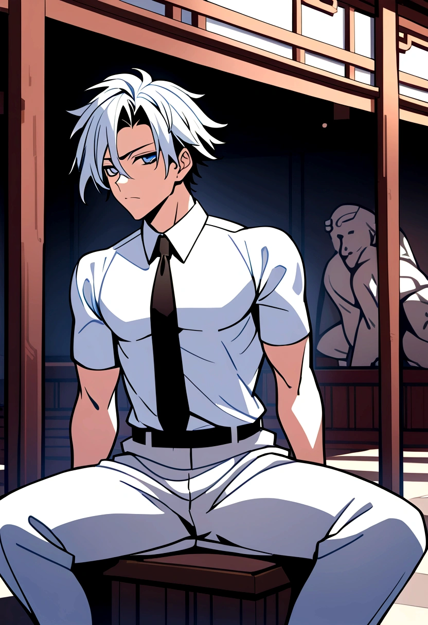 2d, masterpiece, best quality, Anime-Series, very detailed face, very detailed eyes, very detailed background, perfect lightning, Pistol , 1 Mann, alone, , Sportswear , short sleeves, white monk pants, short hairs, shaggy hairstyle, necktie, gloves, bored look, Sitting, Toji Fushiguro, Interior of a temple, JUJUTSU KAİSEN
