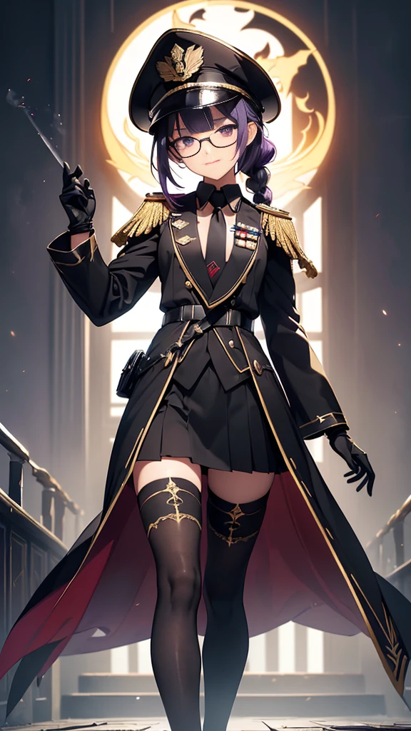 realisitic, City Deserted, Pile of rubble, Brick building, a one woman (18 years old, far away blackw hair, far away slits, Eyes red, glare eyes, 精致的面容, standing (In floor, feet shoulder-width apart), Lolita style military uniform (blackw base, Red Insert, golden decoration, volantes, wide sleeves, dainty and delicate detailing armors), blackw far away gloves (blackw, Red Insert, golden decoration, small hands, armors), blackw far away gloves, knee high boots (blackw, high-heels, red soles), ha (blackw, aba dourada, shield emblem, delicate details), arms in front, Front of belly, Holding military swords with both hands (blackw, golden decoration, delicate detail, Handle at the top, Ground-facing blade, in front of the body, far away), night sky (blackw, stele, Increased flames and smoke) Pale painting style, One Girl, super high quality, Super Detail, Super Detailed image, long hair, looking at viewer, skirt, shirt, hair ornament, violet eyes, gloves, round glasses, long sleeves, hat, closed mouth, jacket, violet hair, braid, open clothes, necktie, black gloves, black skirt, uniform, single braid, open jacket, black jacket, black headwear, 手链, peaked cap, black necktie, cropped jacket, military hat, pantyhose, Flat Chest, smile, Black Cape