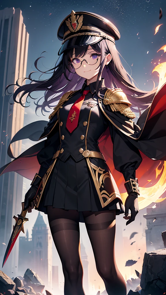 realisitic, City Deserted, Pile of rubble, Brick building, a one woman (18 years old, far away blackw hair, far away slits, Eyes red, glare eyes, 精致的面容, standing (In floor, feet shoulder-width apart), Lolita style military uniform (blackw base, Red Insert, golden decoration, volantes, wide sleeves, dainty and delicate detailing armors), blackw far away gloves (blackw, Red Insert, golden decoration, small hands, armors), blackw far away gloves, knee high boots (blackw, high-heels, red soles), ha (blackw, aba dourada, shield emblem, delicate details), arms in front, Front of belly, Holding military swords with both hands (blackw, golden decoration, delicate detail, Handle at the top, Ground-facing blade, in front of the body, far away), night sky (blackw, stele, Increased flames and smoke) Pale painting style, One Girl, super high quality, Super Detail, Super Detailed image, long hair, looking at viewer, skirt, shirt, hair ornament, violet eyes, gloves, round glasses, long sleeves, hat, closed mouth, jacket, violet hair, braid, open clothes, necktie, black gloves, black skirt, uniform, single braid, open jacket, black jacket, black headwear, 手链, peaked cap, black necktie, cropped jacket, military hat, pantyhose, Flat Chest, smile, Black Cape