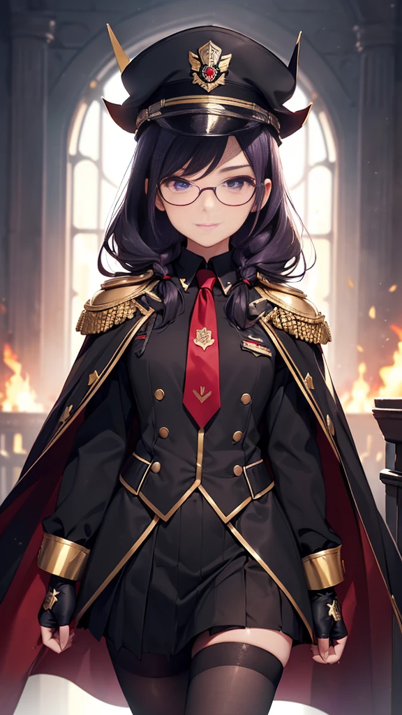 realisitic, City Deserted, Pile of rubble, Brick building, a one woman (18 years old, far away blackw hair, far away slits, Eyes red, glare eyes, 精致的面容, standing (In floor, feet shoulder-width apart), Lolita style military uniform (blackw base, Red Insert, golden decoration, volantes, wide sleeves, dainty and delicate detailing armors), blackw far away gloves (blackw, Red Insert, golden decoration, small hands, armors), blackw far away gloves, knee high boots (blackw, high-heels, red soles), ha (blackw, aba dourada, shield emblem, delicate details), arms in front, Front of belly, Holding military swords with both hands (blackw, golden decoration, delicate detail, Handle at the top, Ground-facing blade, in front of the body, far away), night sky (blackw, stele, Increased flames and smoke) Pale painting style, One Girl, super high quality, Super Detail, Super Detailed image, long hair, looking at viewer, skirt, shirt, hair ornament, violet eyes, gloves, round glasses, long sleeves, hat, closed mouth, jacket, violet hair, braid, open clothes, necktie, black gloves, black skirt, uniform, single braid, open jacket, black jacket, black headwear, 手链, peaked cap, black necktie, cropped jacket, military hat, pantyhose, Flat Chest, smile, Black Cape