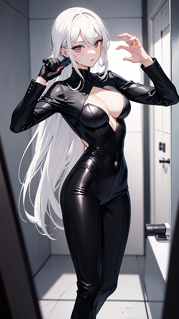 masterpiece, best quality,Black suit,Black tight dress pants,Solitary,male,White hair,Red pupils,Hips,Vomiting blood,Fell in a pool of blood,Bathroom Background,Hold a pistol in hand,