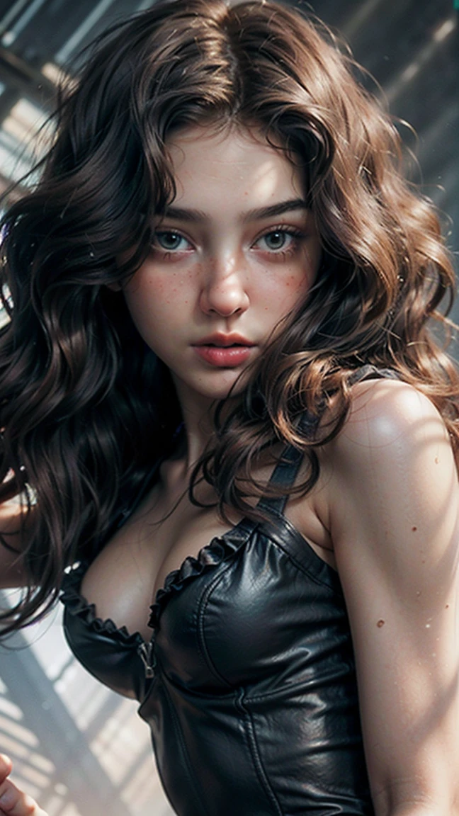(((ultra realistic))) Photo, masterpiece, top quality, pale skin, (Ultra detailed face and eyes:1.2), 1 girl, gloomy atmosphere, Dark background, (Eye makeup, mascara) , ((Dark wavy hair)) , ((Stylish hairstyle)) , Natural breasts, [[Slim waist, slender body]] . ((Posing)) , (body curves), In Lifchik, photoshoot, studio (Contour lighting), (The play of light and shadows), depth of field, bokeh, (special attention to skin detail: 1.2), Detailed leather texture, skin pores, ((Тёмная и gloomy atmosphere кадра. color scheme - black, Gray, Ashen, Tons)), (Film grain, VHS effect), (shine) , ((rays)) , ((close-up portrait, close to the camera)) , ultra detialed, 
