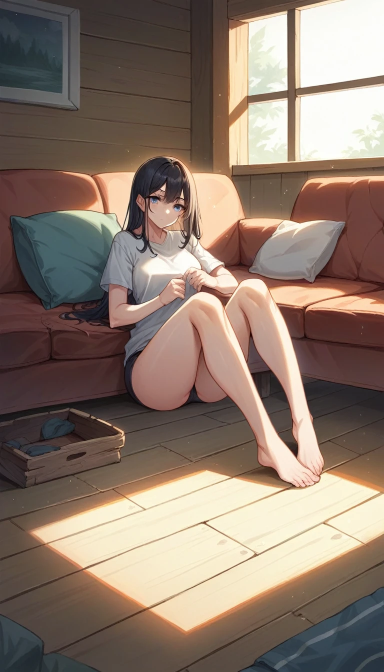 ultra detailed, log cabin, white background, chill atmosphere, full body shot, sunlight, white, woman, grinning, sitting on the floor, looking at viewer, semi long, black hair, blue eyes, eyes half-closed, pale skin, tall, glamorous, t-shirt, underwear, in the living room, with a sofa, at night
