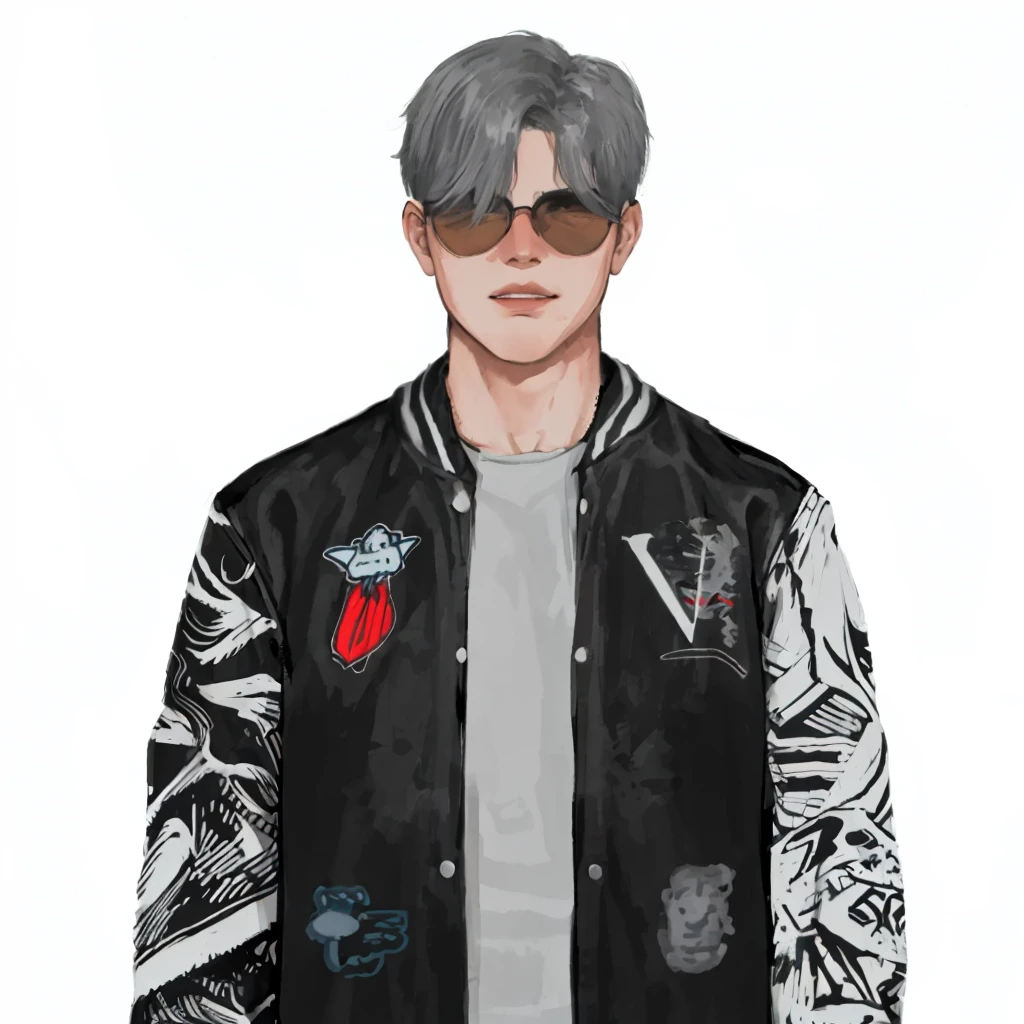 (masterpiece:1.2, best quality), (1men, solo, upper body:1.2),flat face,Hair: buzz cut,Clothing: oversized, distressed denim jacket with patches and pins, paired with black skinny jeans and combat boots, Hanging out in an underground music venue or street art exhibit