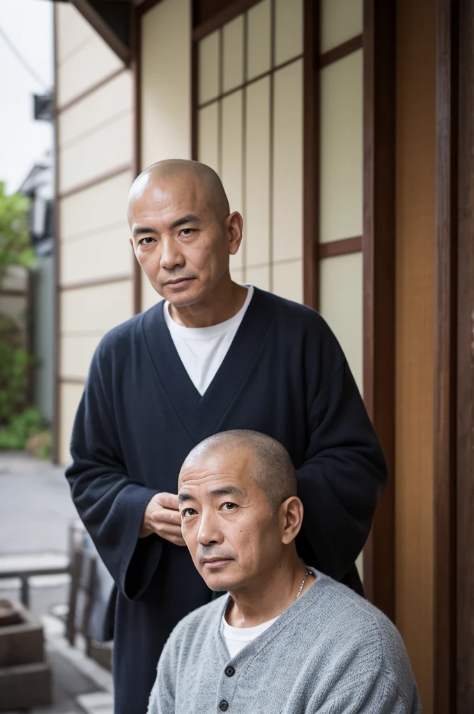 A Japanese man in his 50s with a dark complexion and a shaved head