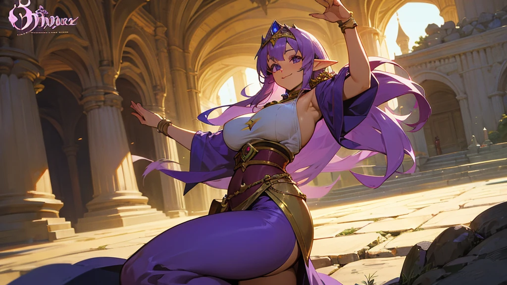 Anime Style,Nostalgic,Detailed background,The medieval world,A palace-like cave,Purple haired smiling dancer beautiful elf girl,Large Breasts,Healthy thighs,Underarm