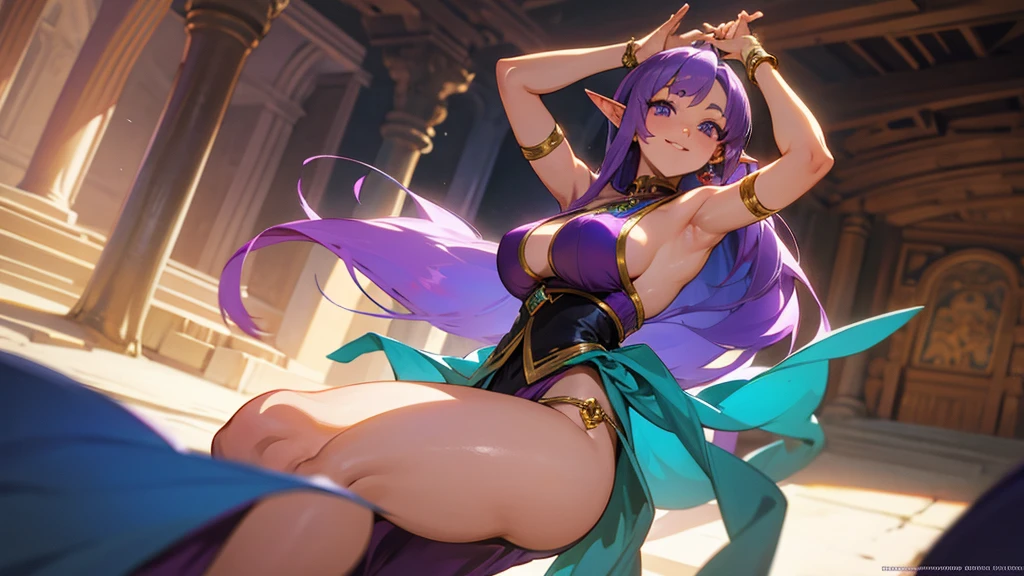 Anime Style,Nostalgic,Detailed background,The medieval world,A palace-like cave,Purple haired smiling dancer beautiful elf girl,Large Breasts,Healthy thighs,Underarm