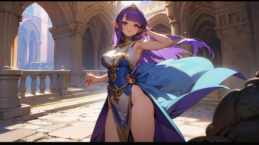 Anime Style,Nostalgic,Detailed background,The medieval world,A palace-like cave,Purple haired smiling dancer beautiful elf girl,Large Breasts,Healthy thighs,Underarm