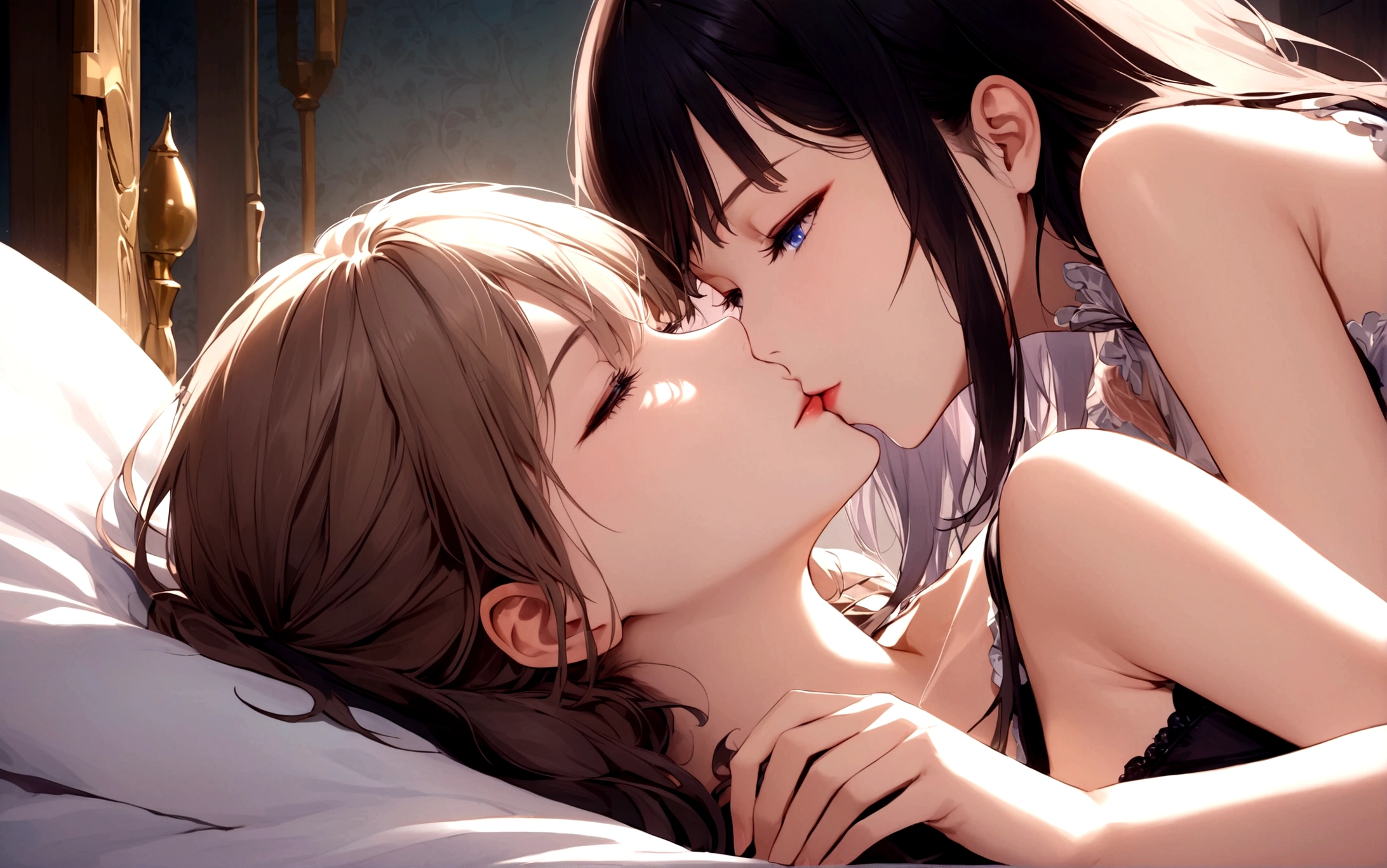 two girls lying on bed,kiss