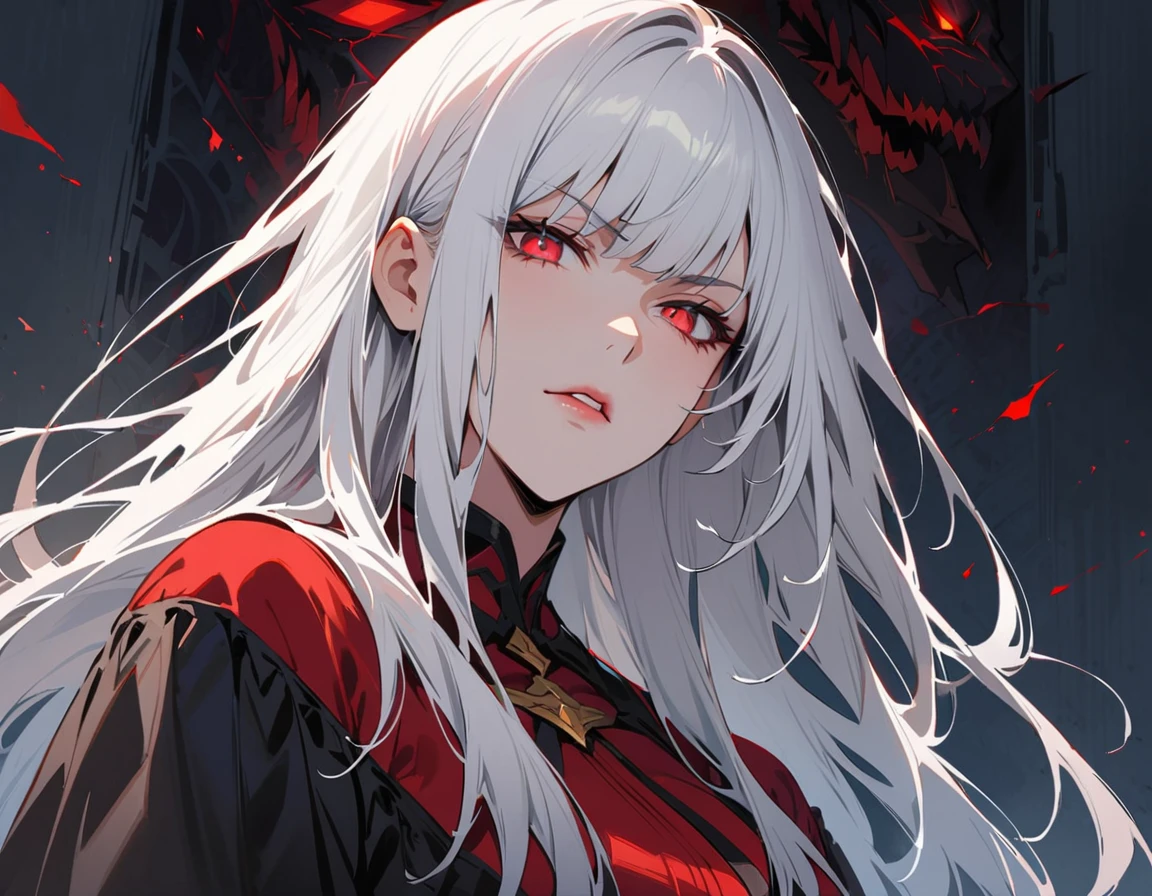 Long white hair, crimson eyes, evil, sexy, black and red clothes, evil face, evil, serious look, gloss lips, sinister, front look, bloody, gloves, close up, portrait, beautiful eyes, short dress, big white, dark place, night, sensual, straight hair cut, clear skin, evil, young 30 years girl, adult girl, solo, red, very long hair, ankle length hair, handsome older WOMAN,crimson-eyes,crimson pupils,Long white hair,Hyperresolution,accuracy,Detailed rendering,(Image of fine hair)(topquality)(Masterpieces of masters)(High degree of completeness)(A sense of atmosphere)tmasterpiece,Super detailed and super detailed(((half-body portrait)))(((Older woman)))