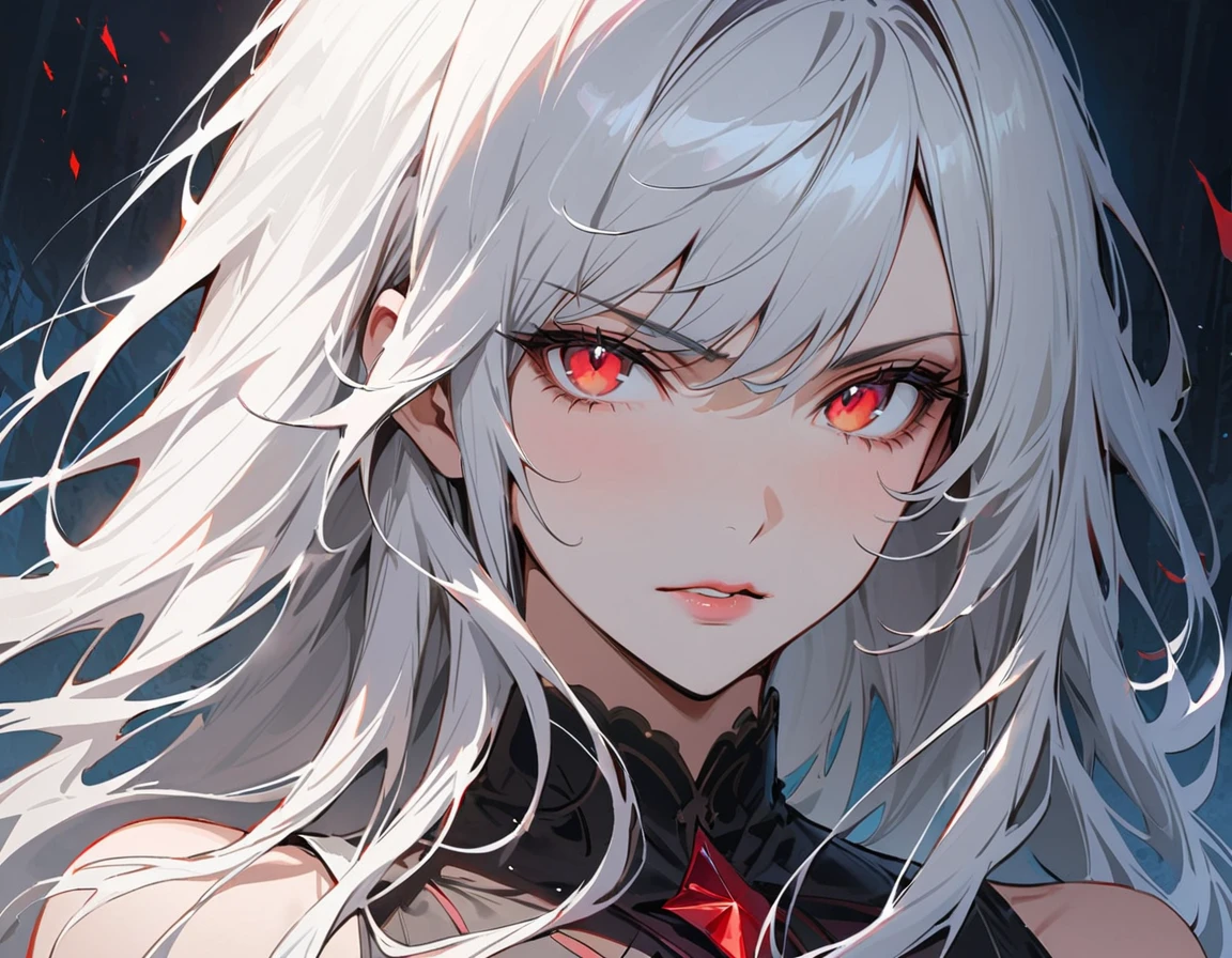 Long white hair, crimson eyes, evil, sexy, black and red clothes, evil face, evil, serious look, gloss lips, sinister, front look, bloody, gloves, close up, portrait, beautiful eyes, short dress, big white, dark place, night, sensual, straight hair cut, clear skin, evil, young 30 years girl, adult girl, solo, red, very long hair, ankle length hair, handsome older WOMAN,crimson-eyes,crimson pupils,Long white hair,Hyperresolution,accuracy,Detailed rendering,(Image of fine hair)(topquality)(Masterpieces of masters)(High degree of completeness)(A sense of atmosphere)tmasterpiece,Super detailed and super detailed(((half-body portrait)))(((Older woman)))