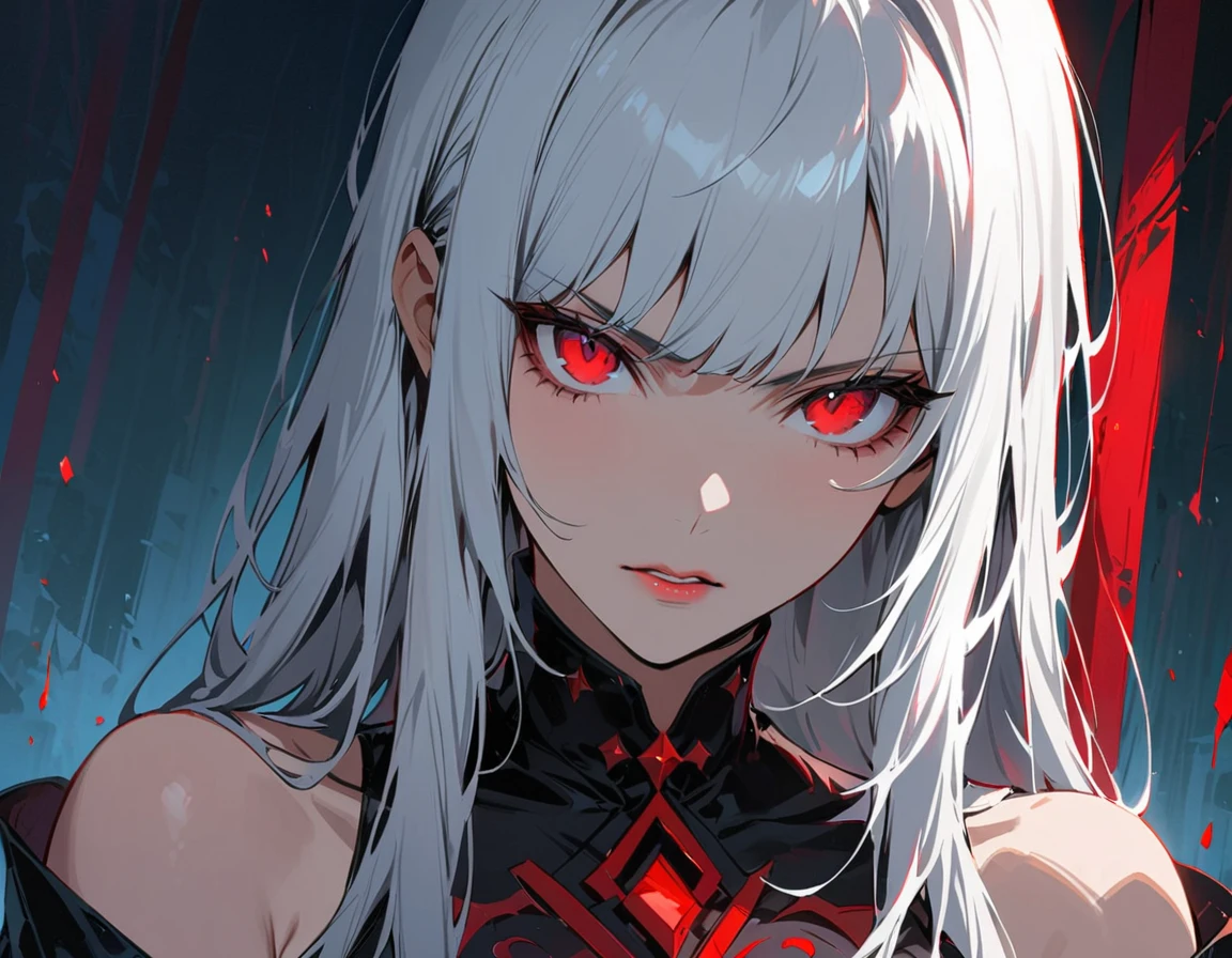 Long white hair, crimson eyes, evil, sexy, black and red clothes, evil face, evil, serious look, gloss lips, sinister, front look, bloody, gloves, close up, portrait, beautiful eyes, short dress, big white, dark place, night, sensual, straight hair cut, clear skin, evil, young 30 years girl, adult girl, solo, red, very long hair, ankle length hair, handsome older WOMAN,crimson-eyes,crimson pupils,Long white hair,Hyperresolution,accuracy,Detailed rendering,(Image of fine hair)(topquality)(Masterpieces of masters)(High degree of completeness)(A sense of atmosphere)tmasterpiece,Super detailed and super detailed(((half-body portrait)))(((Older woman)))