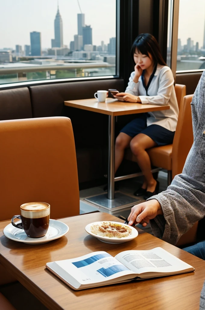 With a city view in the background、To switch between work and personal life々People engaged in various activities are depicted.。A person is relaxing at a cafe drinking coffee、The other person is reading manga on his commute.。and、Another person is out drinking with a colleague.。Around them、Small items and tools that symbolize each activity(Coffee cup、Book、Smartphones, etc.)is sprinkled with。At the center is、A person with a calm and relaxed expression、It is meant to symbolize a successful transition between work and personal life.。In the background、A quiet place just a step away from the hustle and bustle of everyday life。Overall warm colours、Expresses the importance of relaxation and switching