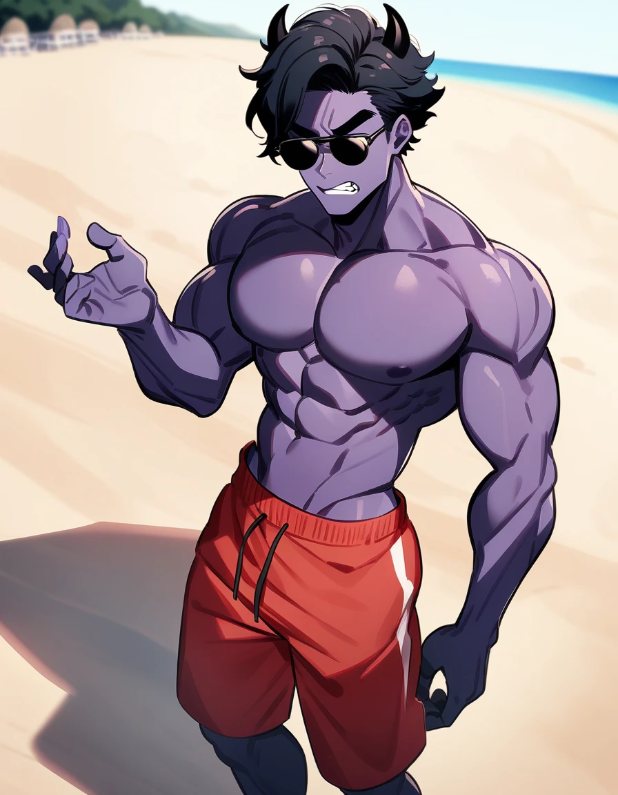 1 chico, purple skin boy, wearing black sunglasses, thick eyebrows, black hair with small horns, short hair shaved on the sides, shirtless, athletic and fit body, careless strokes, Tumblr cartoon style, grimace of annoyance, boy looking at viewer, red beach shorts, stocky body, wide pectorals, thin waist, background beach, Masterpiece, Best Quality, very aesthetic, absurdities, on the beach, Tumblr style, je, trazo de cuntvery short hair shaved on the sides, rendered remains, perfect skin, hair between his pectorals, crouched pose offering her hand to the viewer, sun shining from above