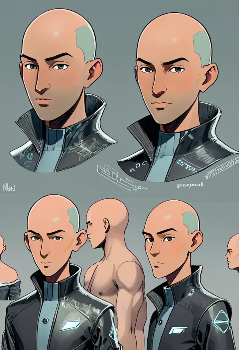 1 futuristic bald man, flat American, without any facial features, it seems that his face is lined with a type of texture, (ntf image), digital human, Character Design The character should be simple to draw, but should have distinctive and memorable features that help to make him stand out. Please generate a variety of poses and expressions for the character, and feel free to experiment with different clothing designs or accessories to help further develop his personality and style.