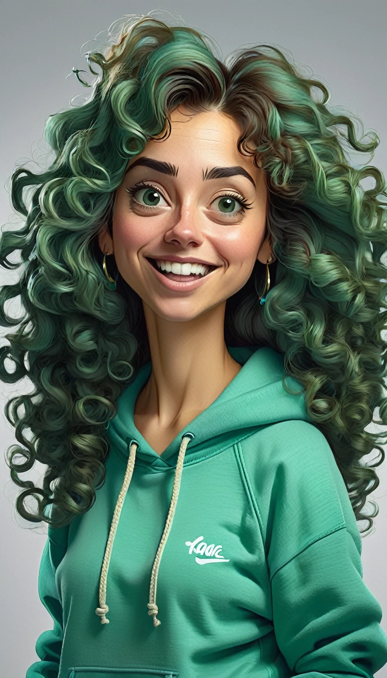 Create a full-body caricature image in high resolution, the character is a 30 year old woman, wears turquoise green sweatshirt, long curly hair, the woman has an expression of admiration