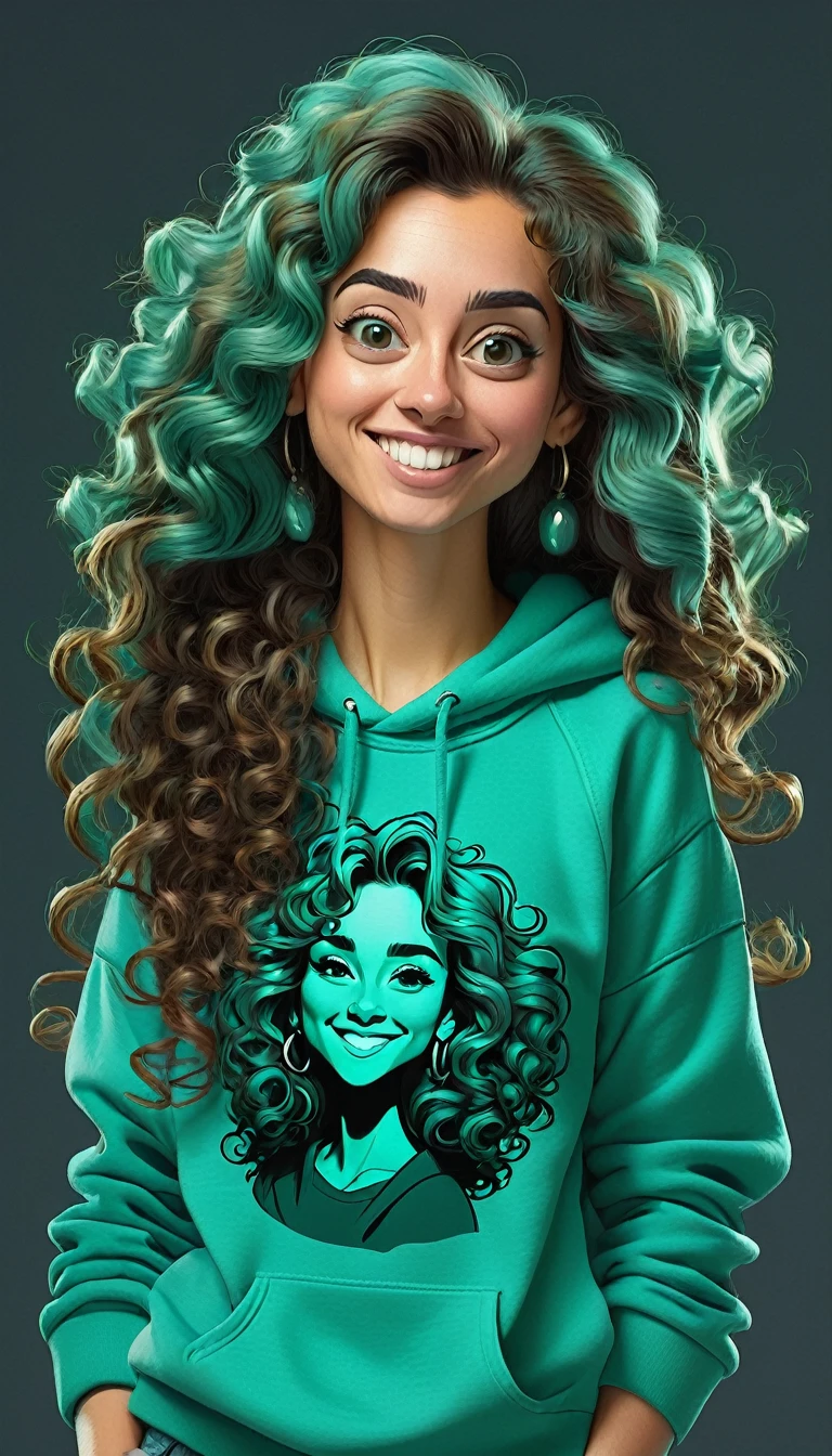 Create a full-body caricature image in high resolution, the character is a 30 year old woman, wears turquoise green sweatshirt, long curly hair, the woman has an expression of admiration