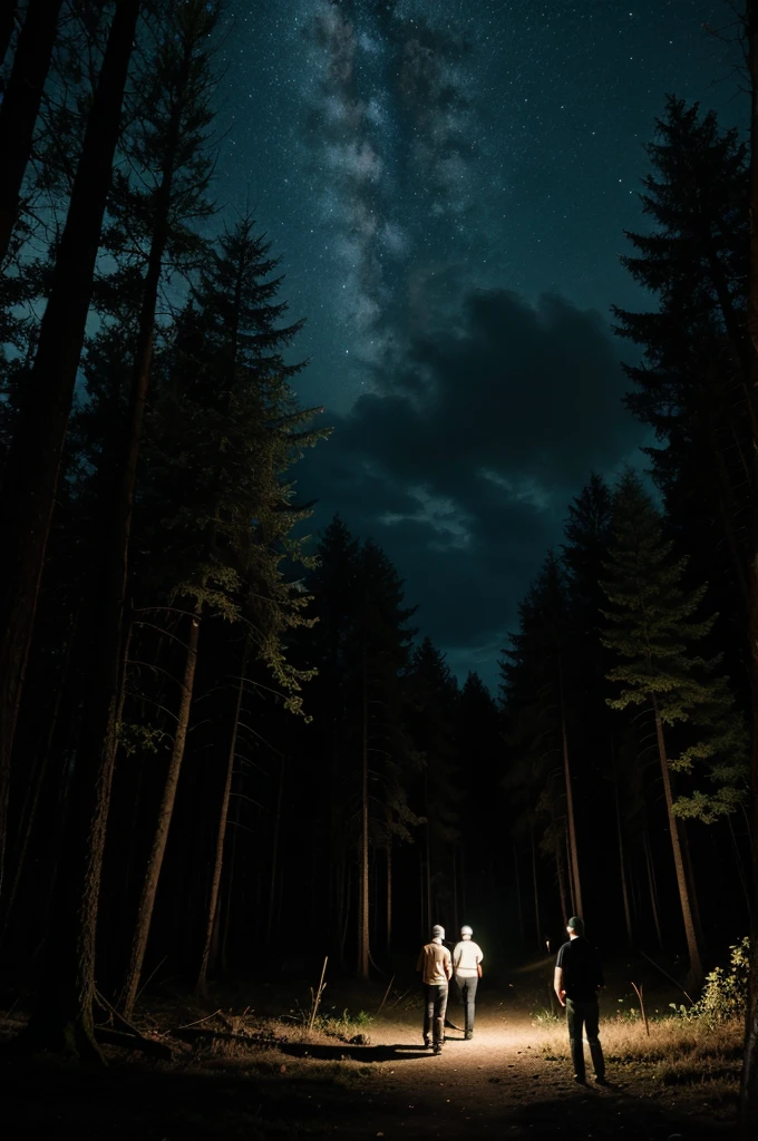 Night time and 7 people 4 man and 3 women looking the Forest which looks dangerous