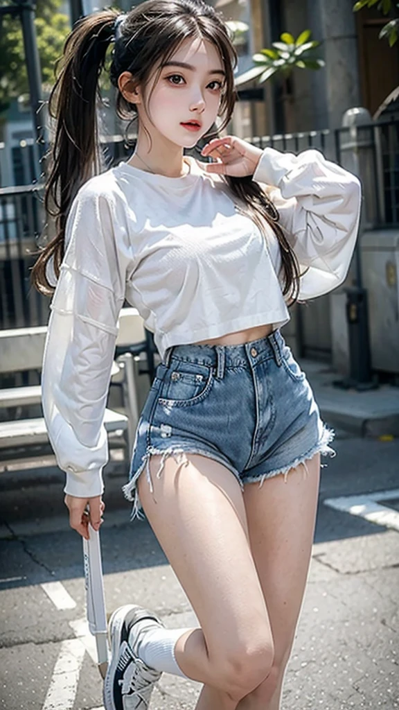 Wearing white long sleeves，Denim shorts，White calf socks，White sneakers，Close-up of a teenage girl with two pigtails dancing，Full body close-up，Realism