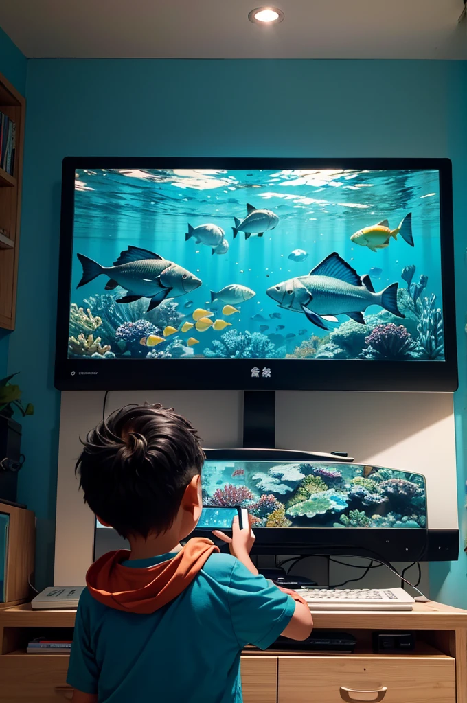 Wallpaper of underwater scenery with lots of illustrated marine life swimming, children operating the touch panel of a monitor, children having fun, chasing fish on the wall, indoors,