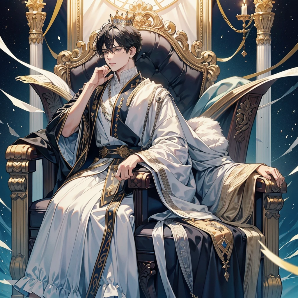black hair, short hair, the king sits on a majestic throne inside a majestic palace with a crown. King of the sea, The environment around it is majestic. Throne with silver and precious stone details, and covered with silver cloth. The protagonist is dressed in royal clothes., the king's beautiful black and blue robe, with a determined expression on his face, when he looks at the horizon with glowing and piercing blue eyes, Sharp facial features, masterpiece, Best quality, Concept art in 8K resolution, Fantasy art, epic art, concept art wallpaper 4K, deep color, daylight. adult, Beautiful, tall guy, broad shoulders.