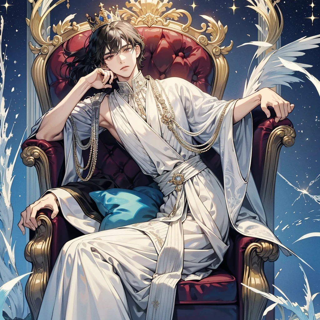 black hair, short hair, the king sits on a majestic throne inside a majestic palace with a crown. King of the sea, The environment around it is majestic. Throne with silver and precious stone details, and covered with silver cloth. The protagonist is dressed in royal clothes., the king&#39;s beautiful black and blue robe, with a determined expression on his face, when he looks at the horizon with glowing and piercing blue eyes, Sharp facial features, masterpiece, Best quality, Concept art in 8K resolution, Fantasy art, epic art, concept art wallpaper 4K, deep color, daylight. adult, Beautiful, tall guy, broad shoulders.